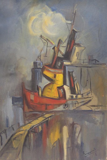 Barco amarillo en el dique
