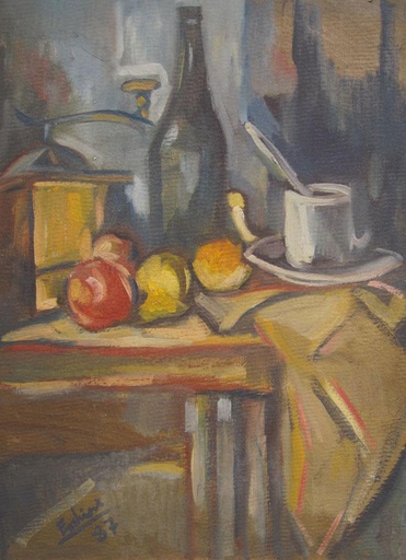 Bodegón con molinillo, botella y café