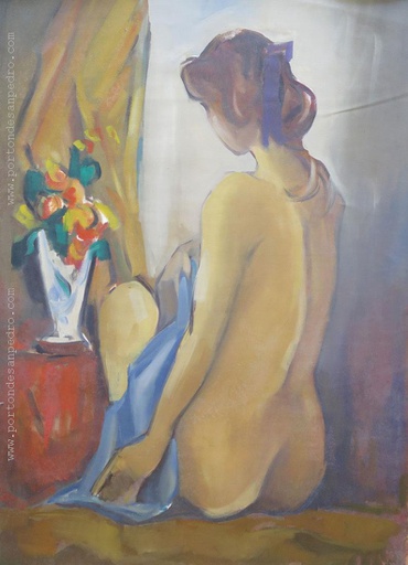 Desnudo con flores y manta azul