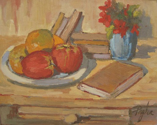 Naturaleza muerta con flores y libros