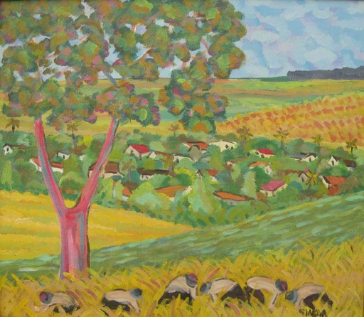 Campo con segadores y pueblo